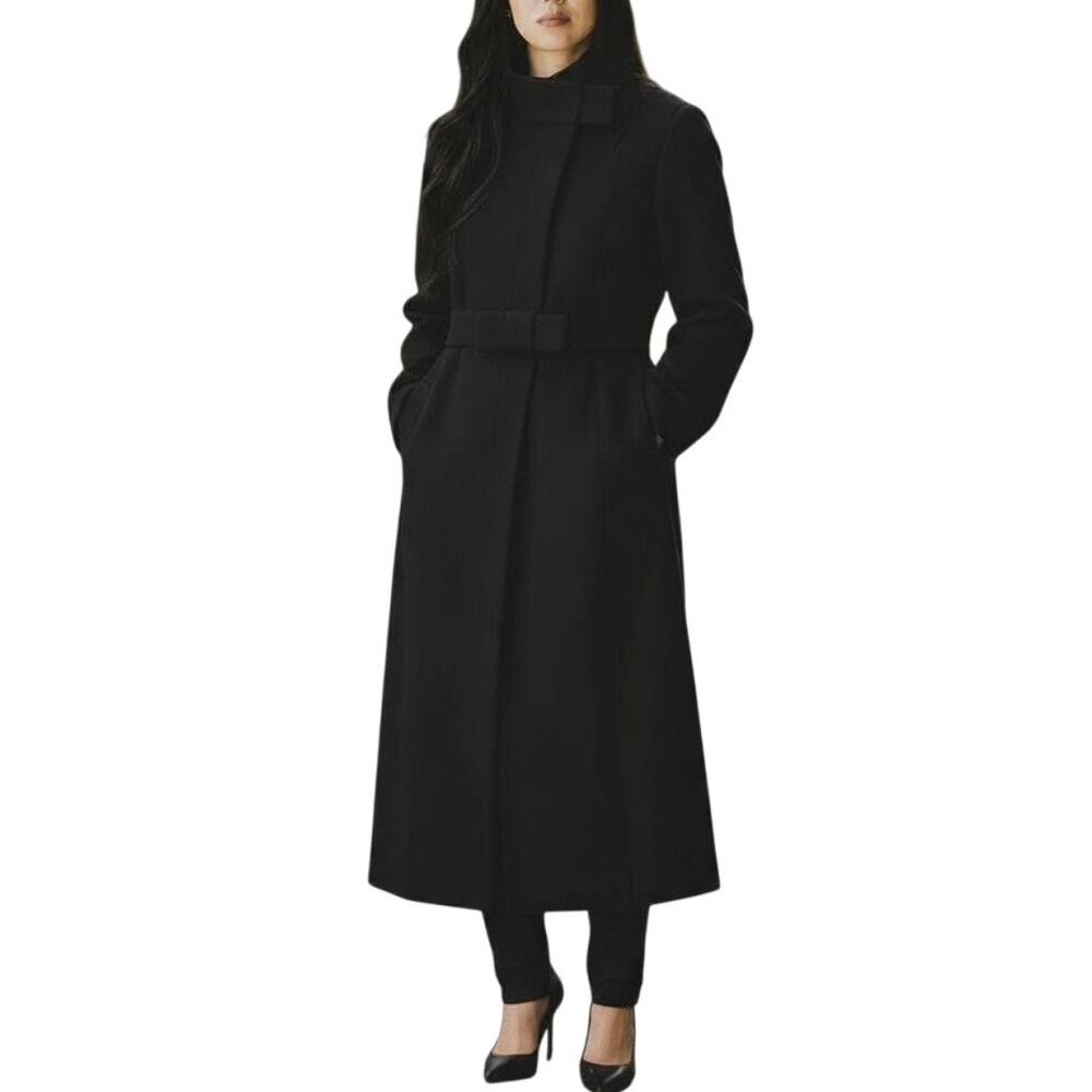 Tracy Reese New York Black Cotton Bow Longline Full Snap Coat
